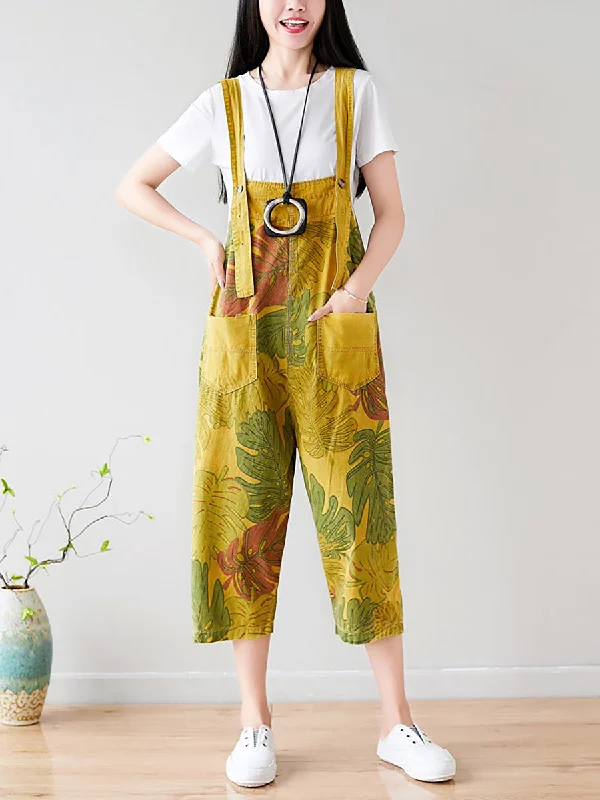 Plus Size Summer Artsy Leaf Pocket Denim Jumpsuits