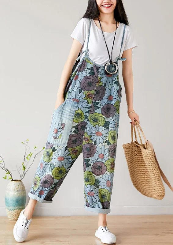 Summer Artsy Flower Pocket Loose Denim Jumpsuits