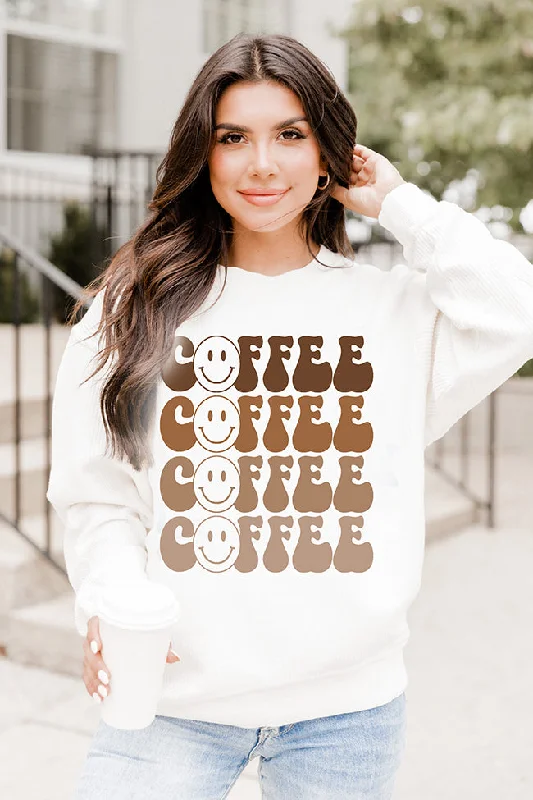 Coffee Smiley Repeat Ivory Corded Graphic Sweatshirt