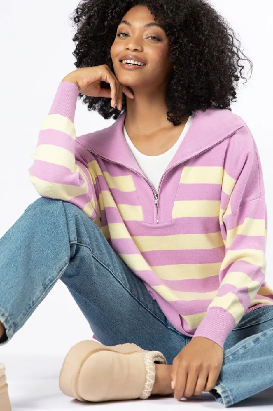 Pulling Heartstrings Purple And Yellow Striped Quarter Zip Pullover