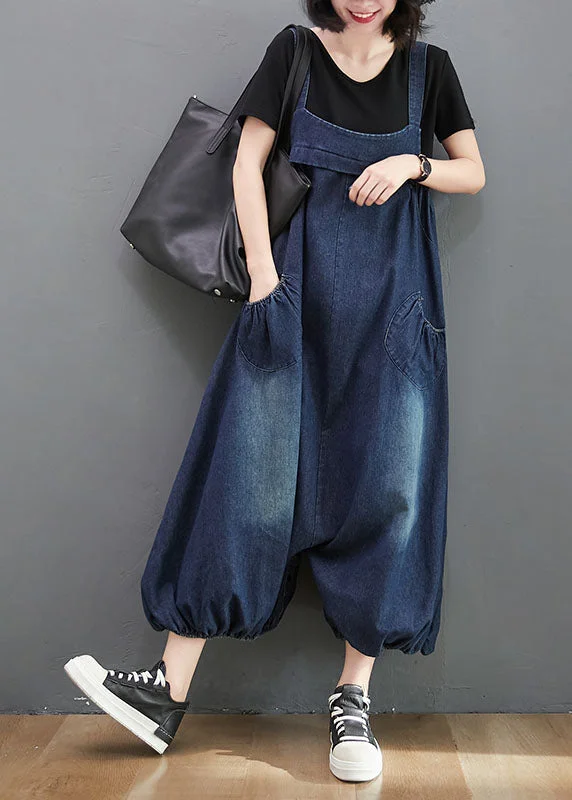 Style Navy Pockets Patchwork Denim Lantern Jumpsuit