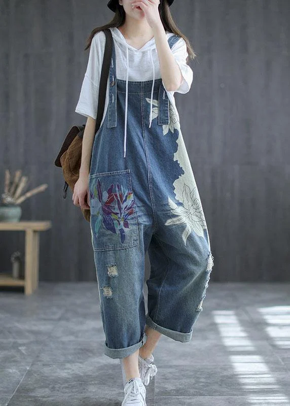 Art Navy Print Retro Hole Pockets Overall Jumpsuit