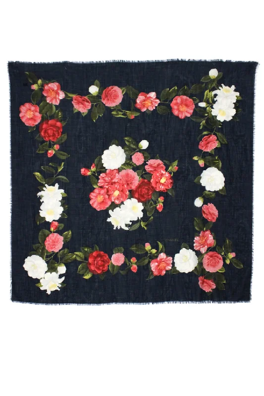 Chanel Womens Navy Blue Cashmere Silk Blend Large Camellia Flower Scarf 56x56in