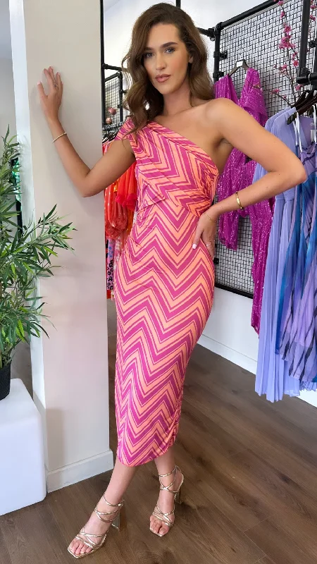 Ellie Pink & Orange Printed One Shoulder Midaxi Dress