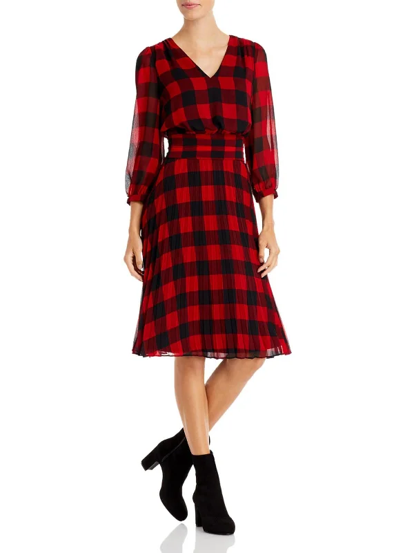 Womens Chiffon Plaid Midi Dress