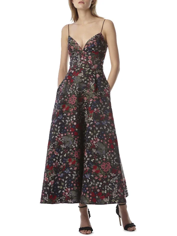 Womens Floral Jacquard Midi Dress