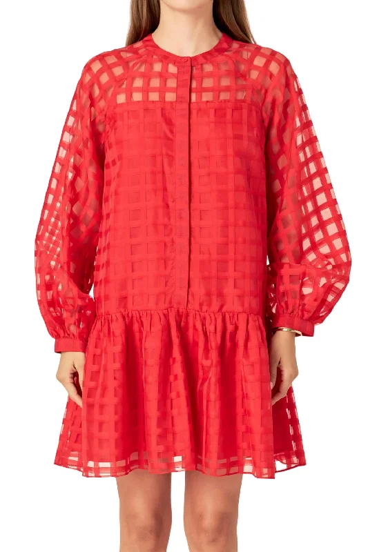 Check Organza Buttoned Long Sleeve Mini Dress In Red