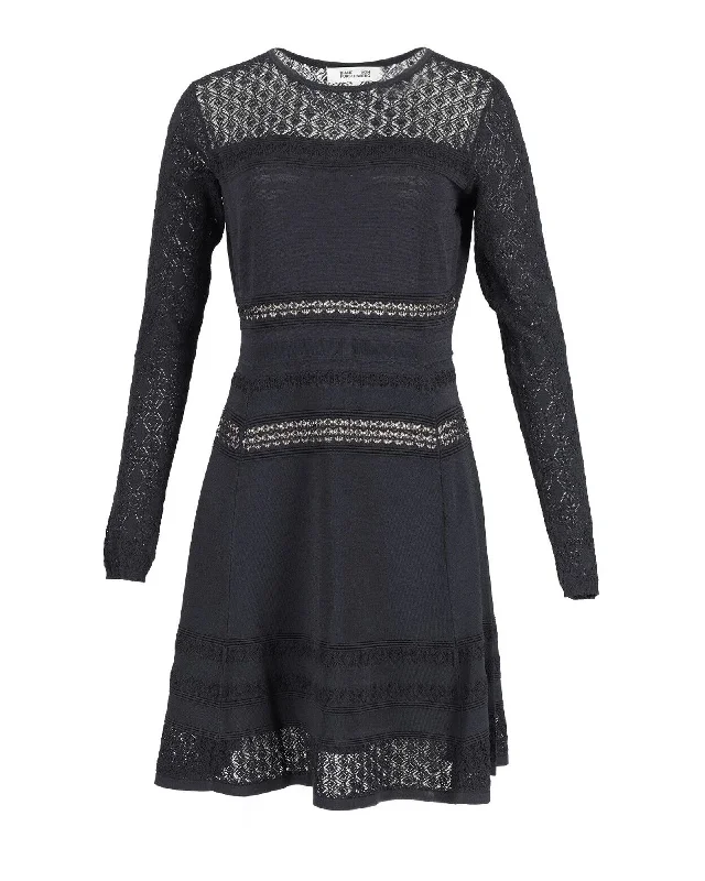 Diane Von Furstenberg Lace Pattern Mini Dress in Black Rayon