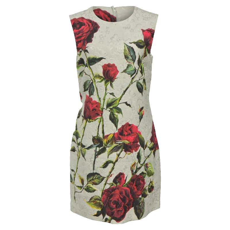 Dolce & Gabbana Mini Rose Print Shift Dress in White Cotton