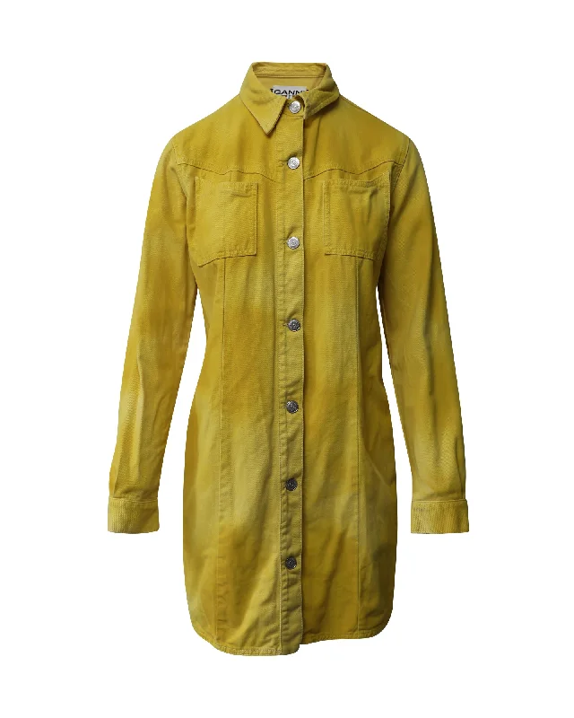 Ganni Denim Button Front Shirt Mini Dress in Yellow Cotton