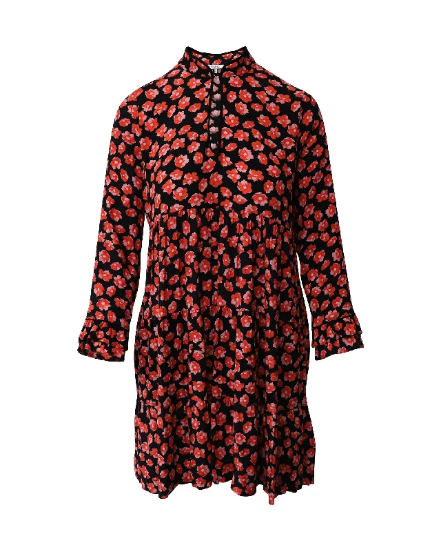 Ganni Lindale Floral Print Mini Dress in Black and Red Viscose