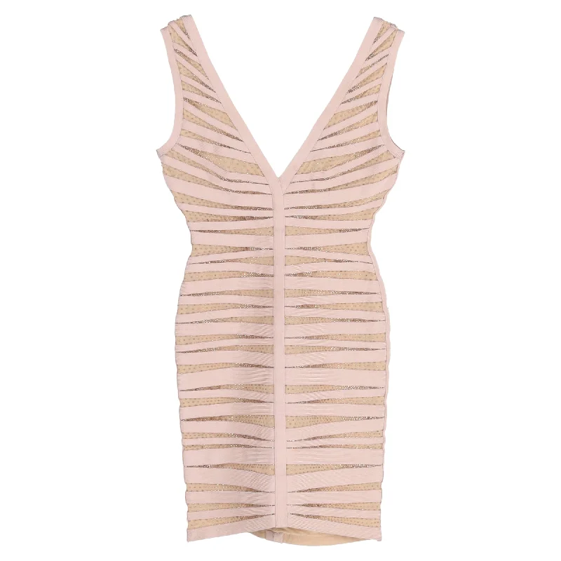 Herve Leger Mini Eliza Bare Embellished Dress in Nude Rayon