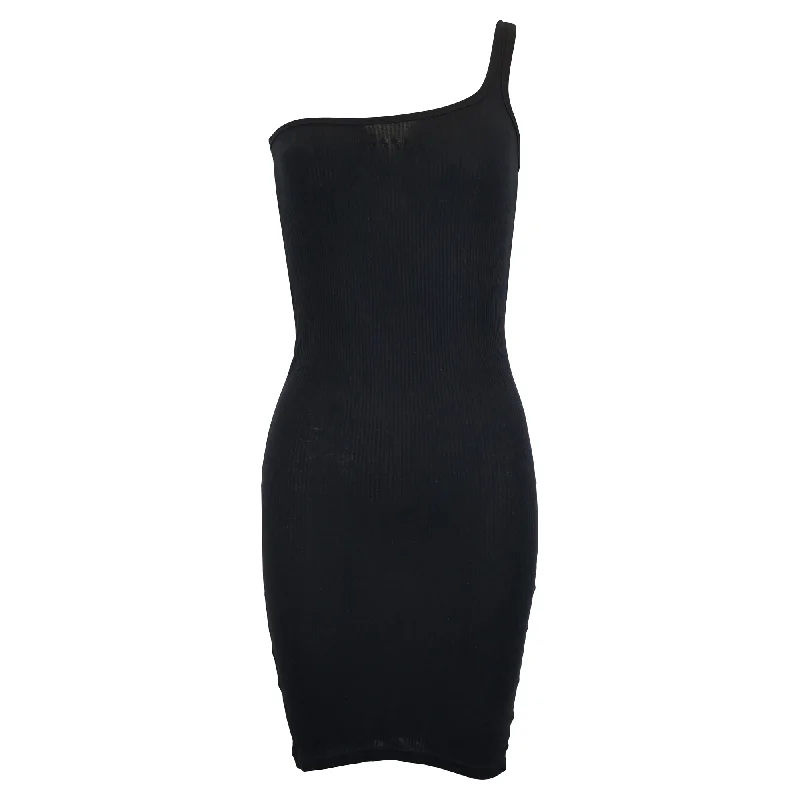 Isabel Marant Mini Logo-Embroidered One-Shoulder Ribbed-Knit Dress in Black Cotton