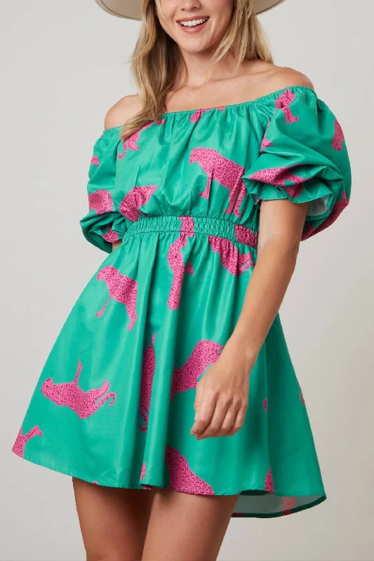 Poplin Mini Dress In Green/pink Cheetah