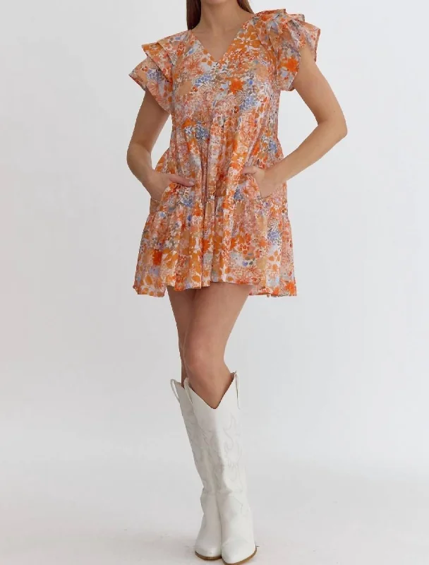 Ruffle Sleeves And Pockets Floral Mini Dress In Orange Combo