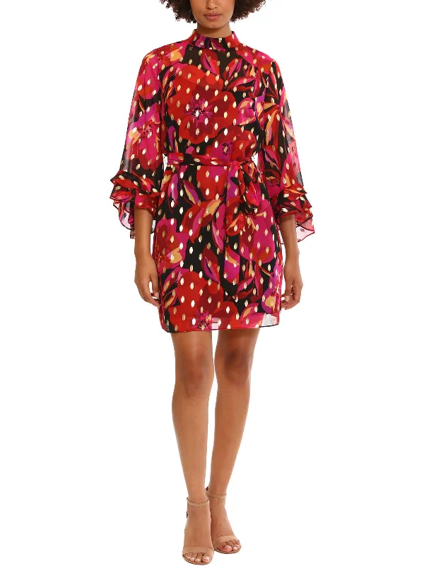 Womens Floral Print Belted Mini Dress