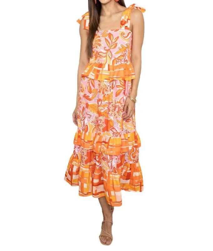 Cecilia Tie Strap Tiered Maxi Dress In Red/orange