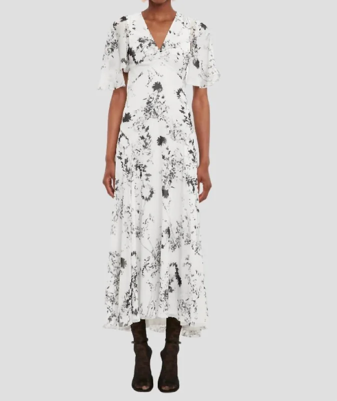 Floaty Godet Maxi Dress In White Black Floral