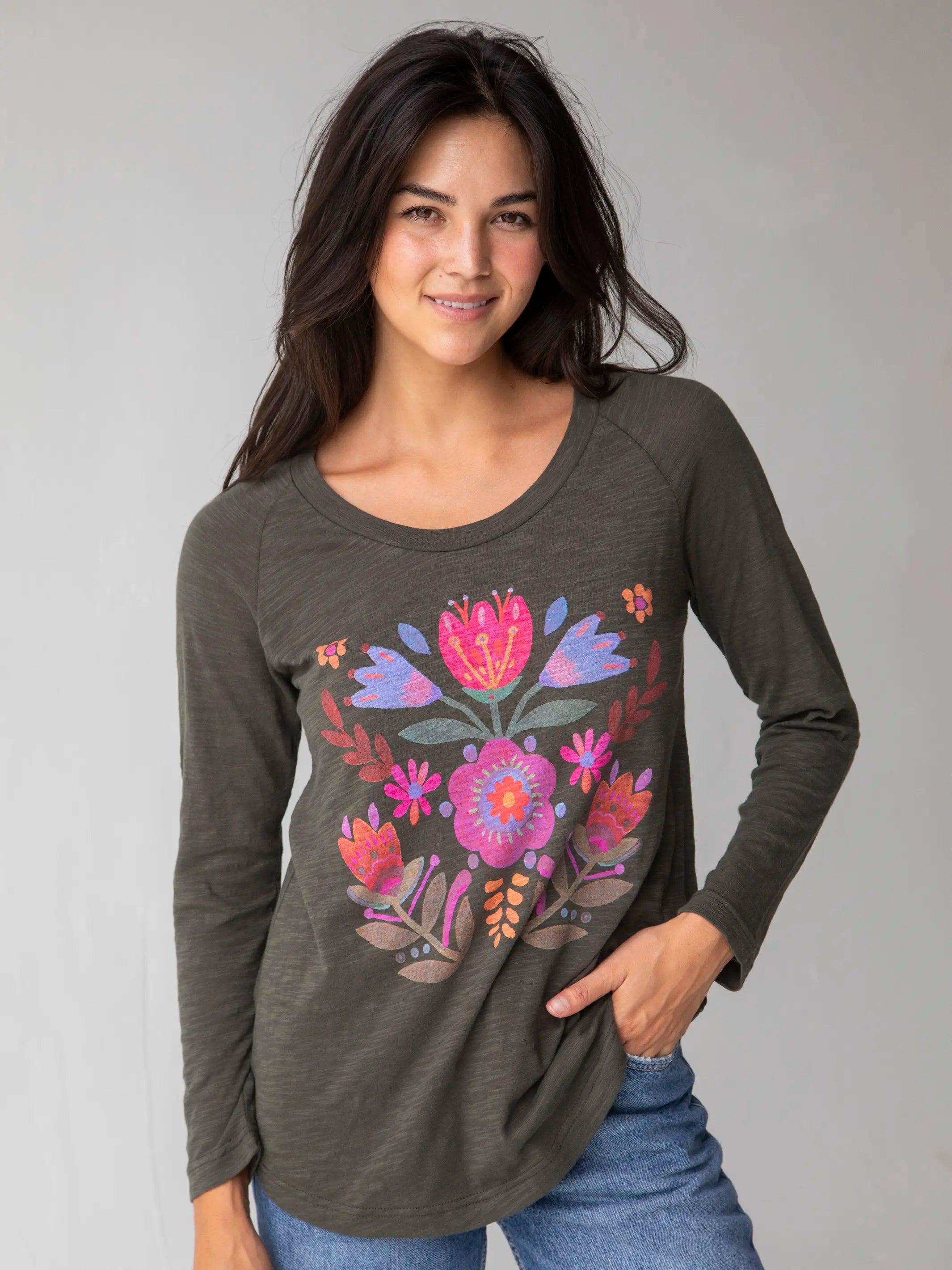 Long Sleeve Boho Cotton Tee Shirt - Folk Flower Charcoal