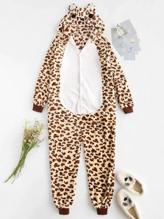 Fluffy Fleece Animal Leopard Onesie Pajamas for Women