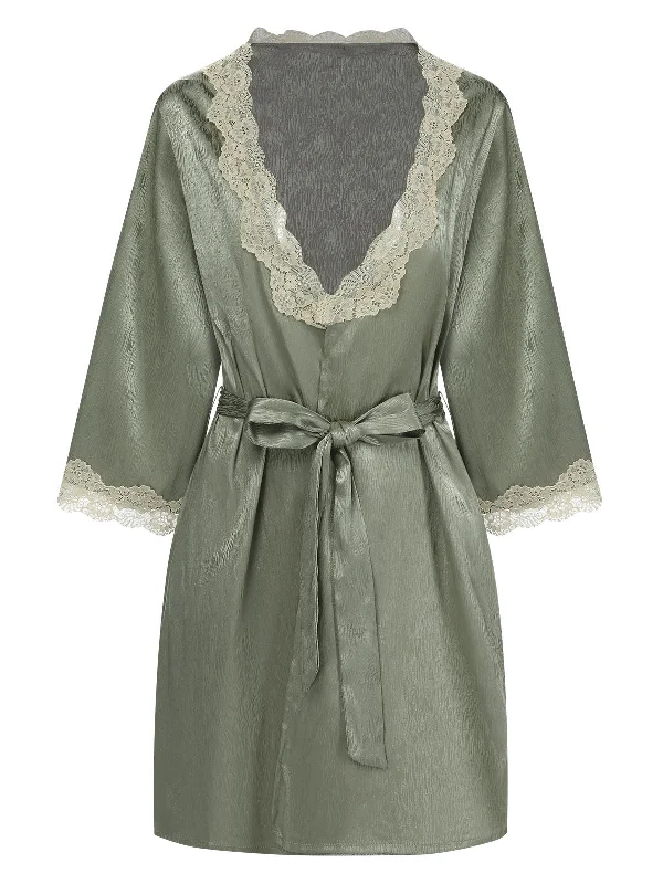 Green 1950s Guipure Lace Ruffled Hem Robe