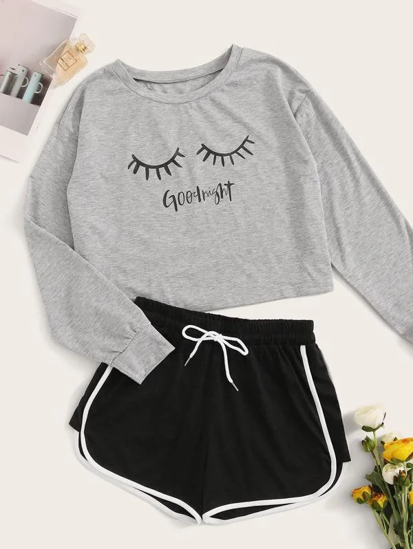 Letter & Eyelash Print PJ Set for Women