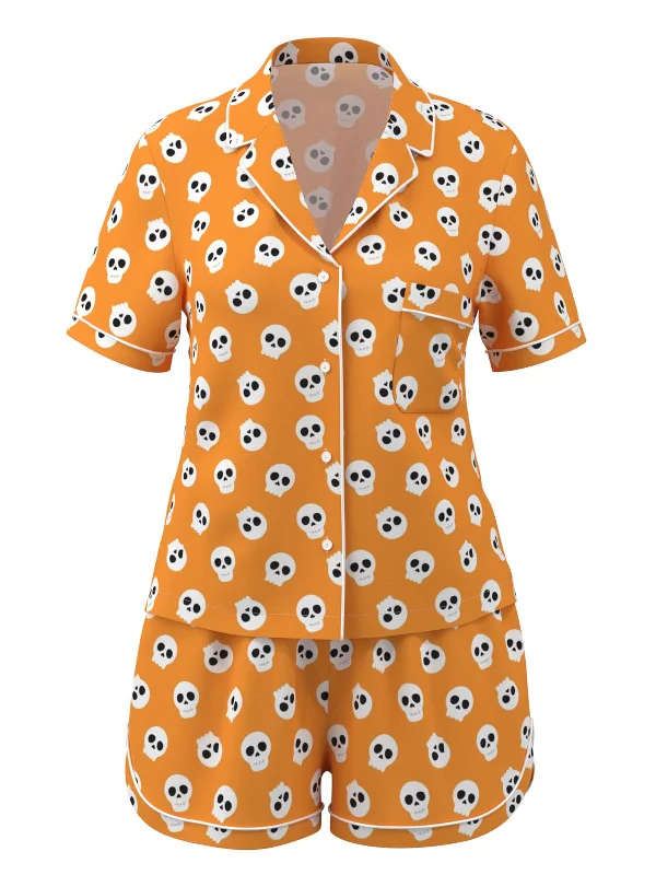 Orange 1970s Halloween Cartoon Skull Pajamas