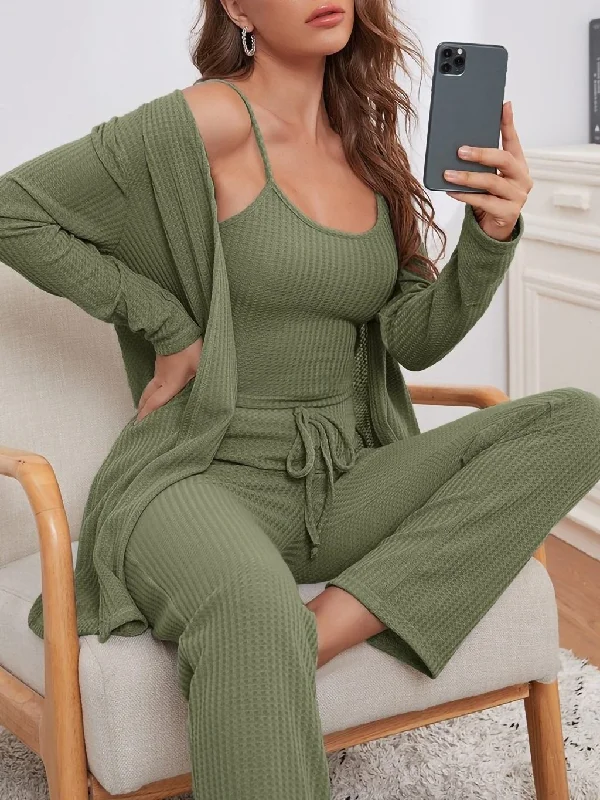 Ribbed Softy Solid Color Pajama Three Piece Set for Women