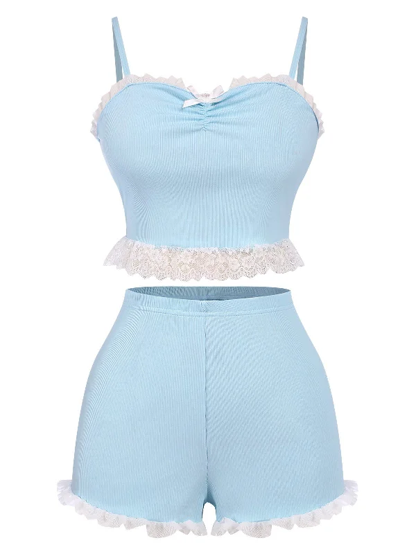 Sky Blue 1950s Lace Patchwork Straps Pajamas