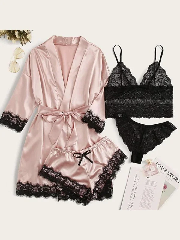 Women's Pajamas 4-Piece Lace Nightgown Suspender Pajama Set