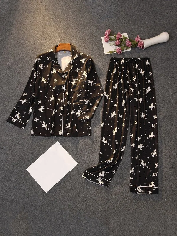 Women's Pajamas Long Sleeve Trousers Acetate Silk Print Home Pajamas