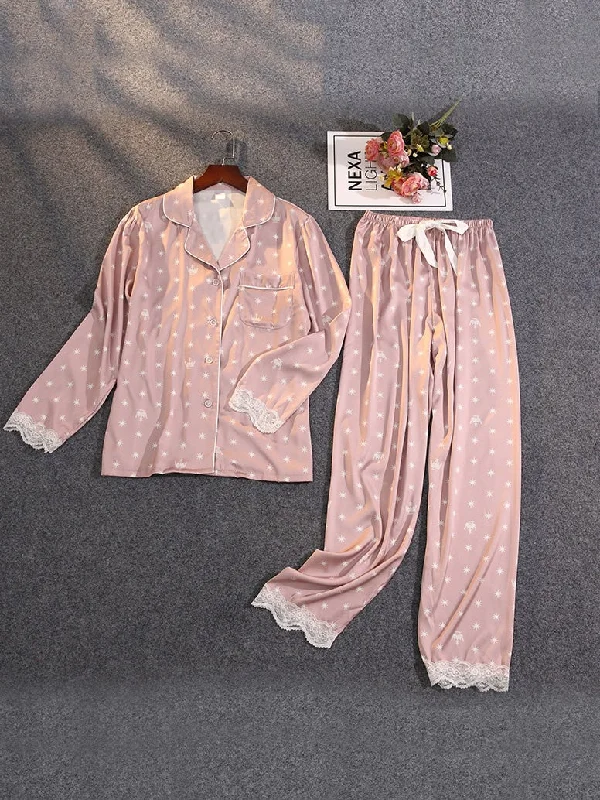 Women's Pajamas Acetate Silk Lace Printed Long Sleeve Trousers Homewear